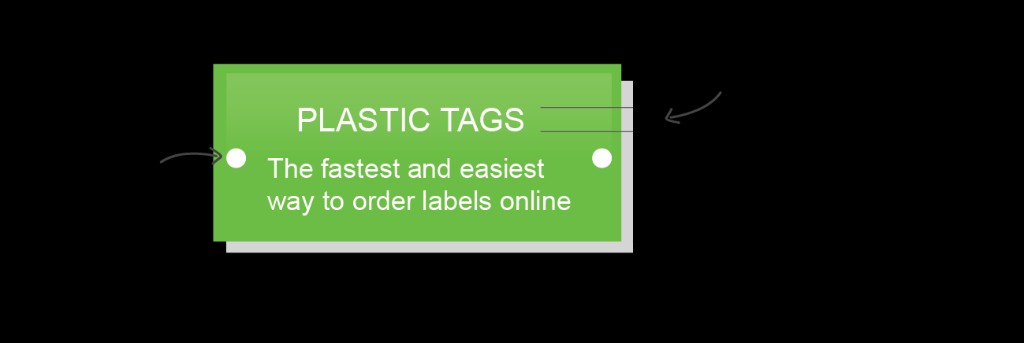 Diagram of an engraved plastic tag showing mounting holes on the left and right edges, centred text layout, and horizontal lines indicating text height.
