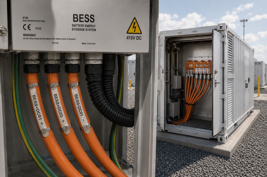Utility-scale BESS DC stainless steel cable labels on orange power cables at battery energy storage system
