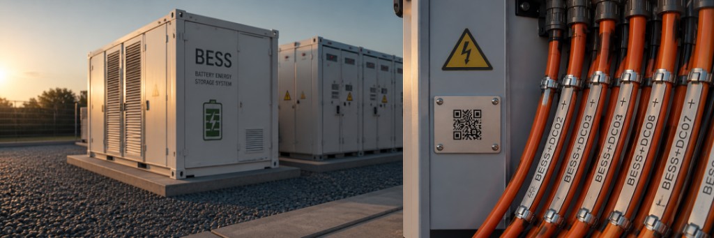 Utility-scale BESS battery energy storage system with cable markers and QR asset tags at golden hour