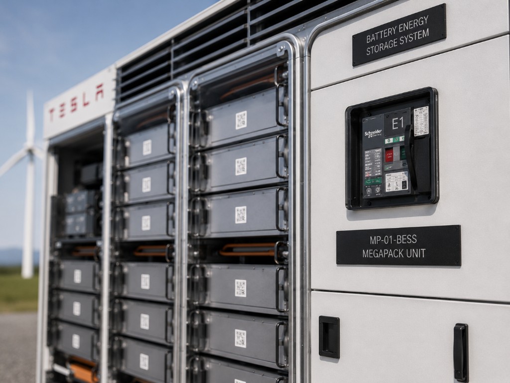 Tesla Megapack utility-scale BESS unit with battery energy storage system identification labels