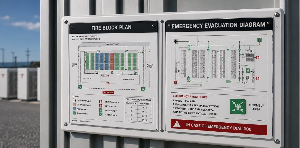 Fire block plan and emergency evacuation diagram mounted on corrugated wall at Ironridge BESS facility, showing battery container yard layout