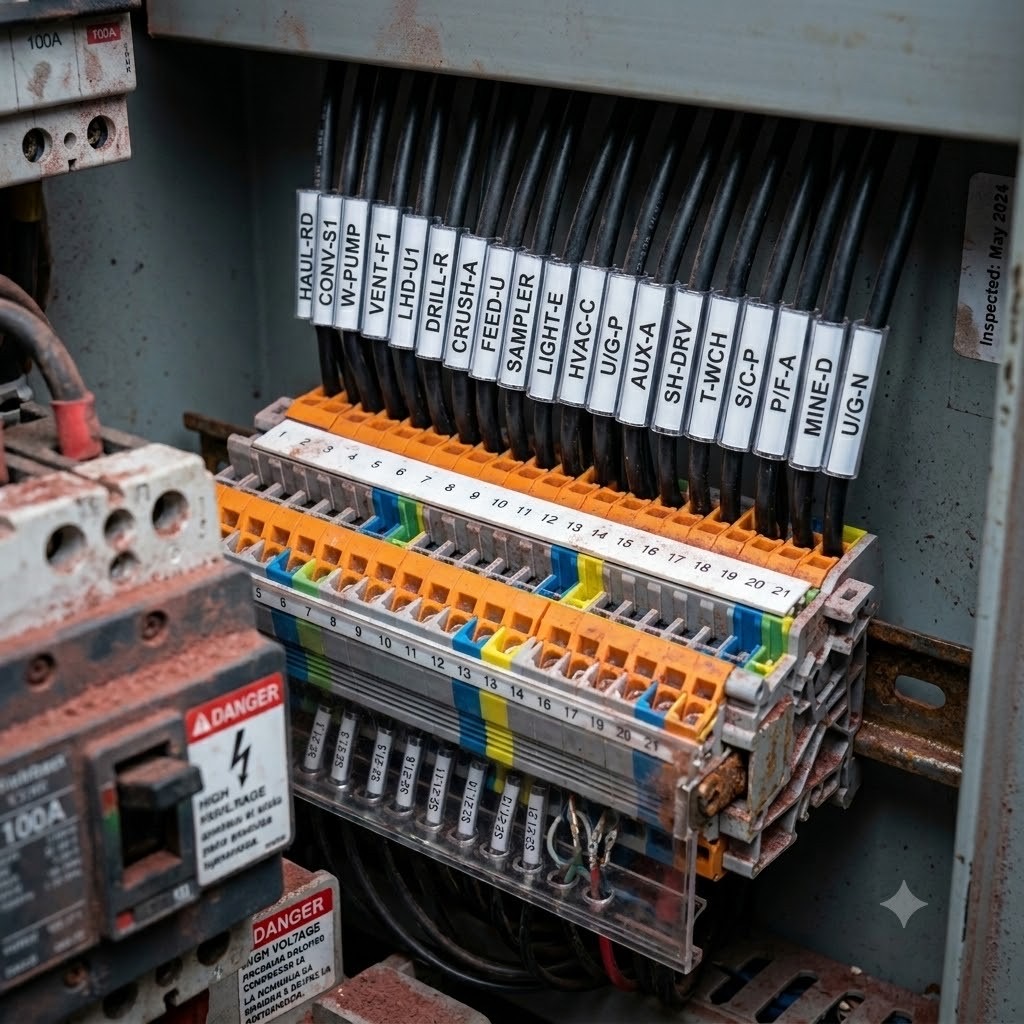 White cable ferrule and wire marker labels on black cables entering terminal blocks in an industrial electrical panel