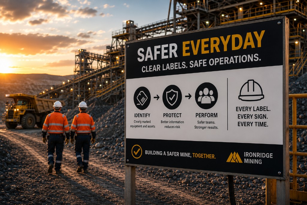 Large safety sign reading Safer Everyday — Clear Labels. Safe Operations. at Ironridge Mining open-pit site at sunset, with workers and haul truck