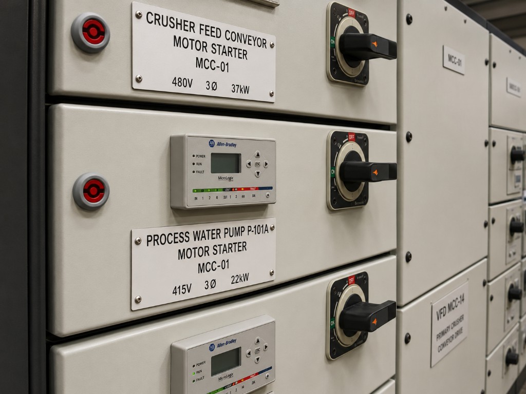 White engraved switchboard and MCC labels on Allen-Bradley motor control centre panels at a mining plant