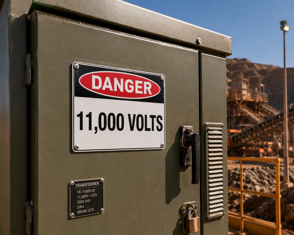 Danger sign and transformer ID plate on mining site electrical enclosure with padlock