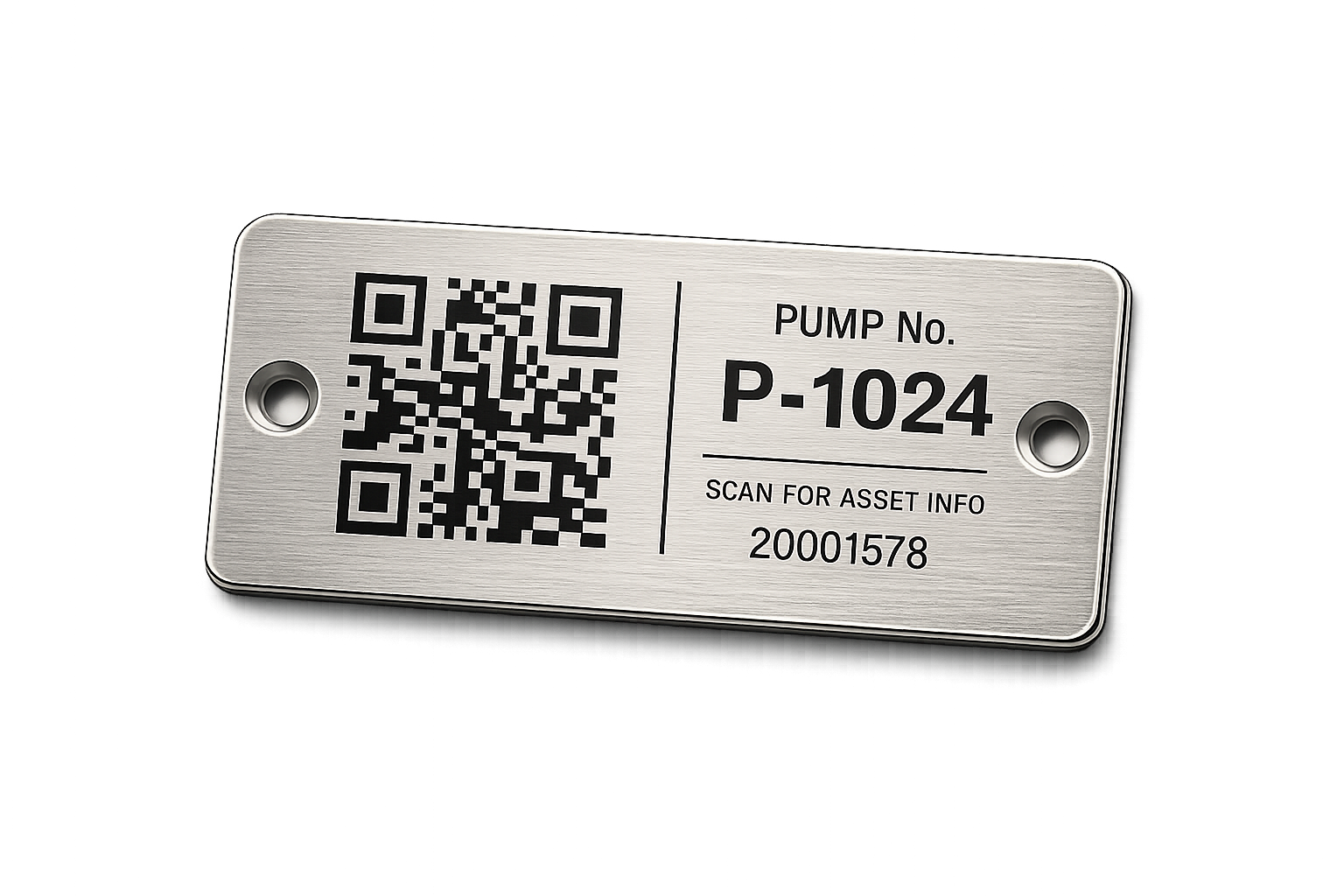 Stainless steel pump asset tag with QR code for asset management, labelled PUMP No. P-1024