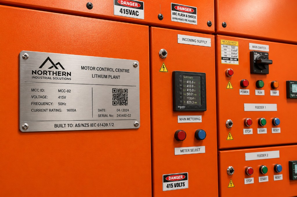 Brushed stainless steel MCC asset tag with QR code on an orange motor control centre panel at a lithium plant