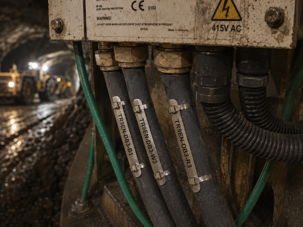 Stainless steel cable markers with engraved identification codes on heavy-duty cables at an underground mining junction box
