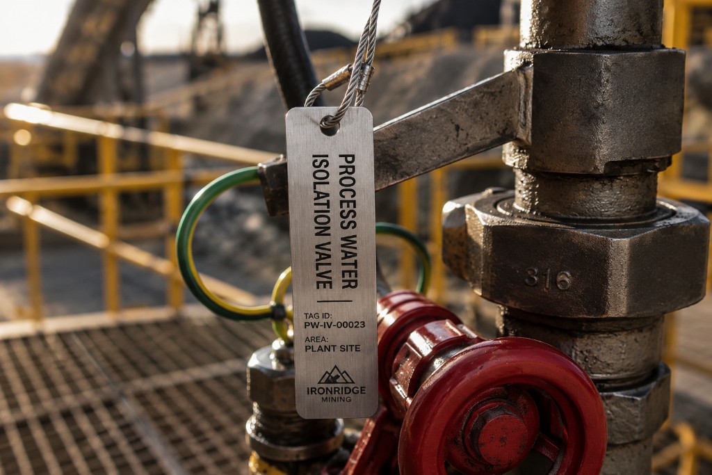 Stainless steel valve tag reading PROCESS WATER ISOLATION VALVE on pipework at Ironridge Mining
