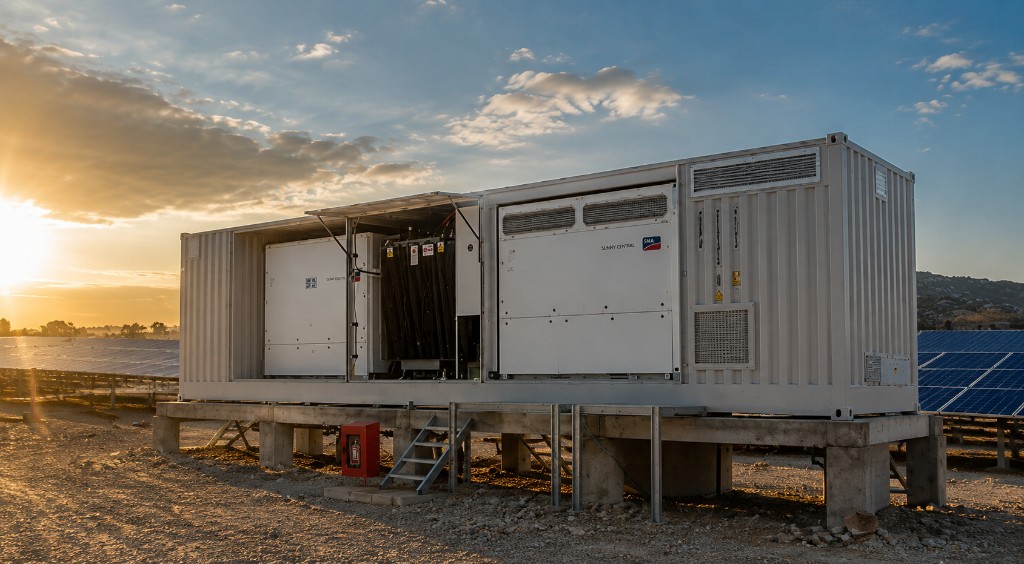 SMA Sunny Central inverter station at a utility-scale solar farm at golden hour